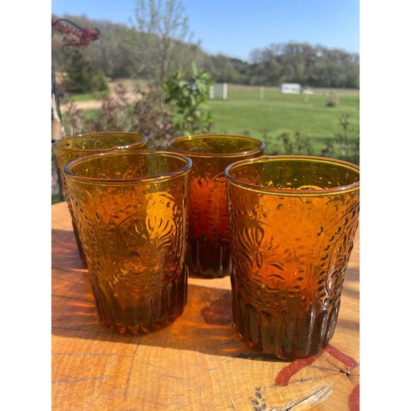 12 Oz Amber Flat Tumbler Fleur de Lis by Anthropologie Glass - Picture 4 of 4